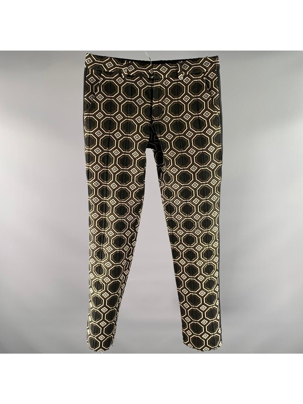MR TURK Size 30 Black Gold Tan Geometric Polyester Blend Tuxedo Dress Pants